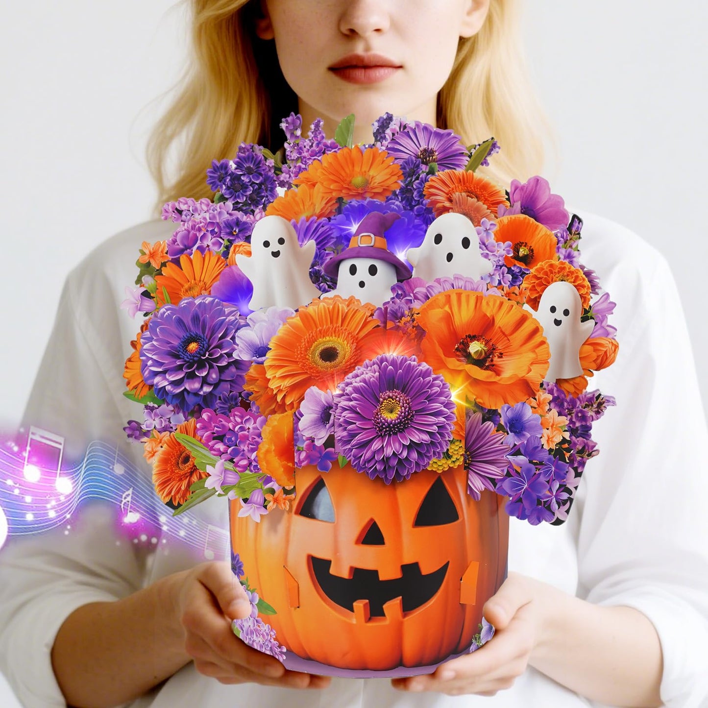 MZD8391 Halloween Cards with Music & Lights, Pop Up Halloween Decorations, Ghost & Dasiy, 10 Inch Life Sized Forever Flower Bouquet Gifts for Wife Mom Grandma Women Daughter