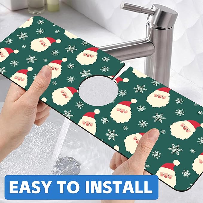 Christmas Kitchen Sink Splash Guard Mat Santa Claus and Snowflakes Sink Splash