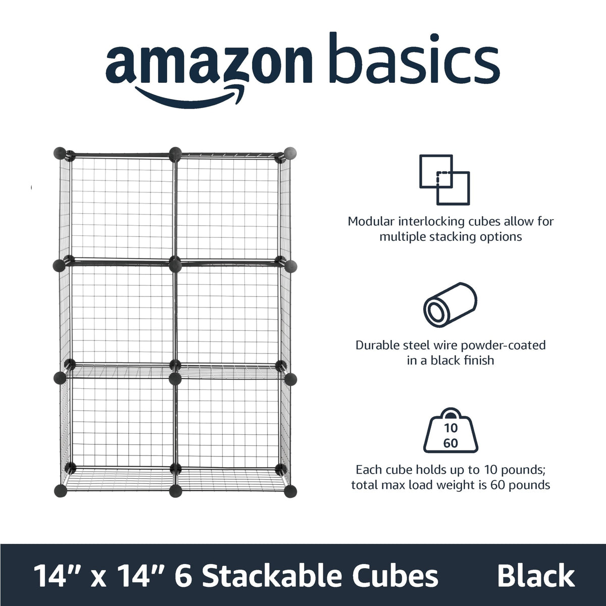 Amazon Basics 6 Cube Wire Grid Storage Organizer, Stackable Cubes, Cubby Bookcase, Display Shelf, 14" D x 14" W x 14" H, Black
