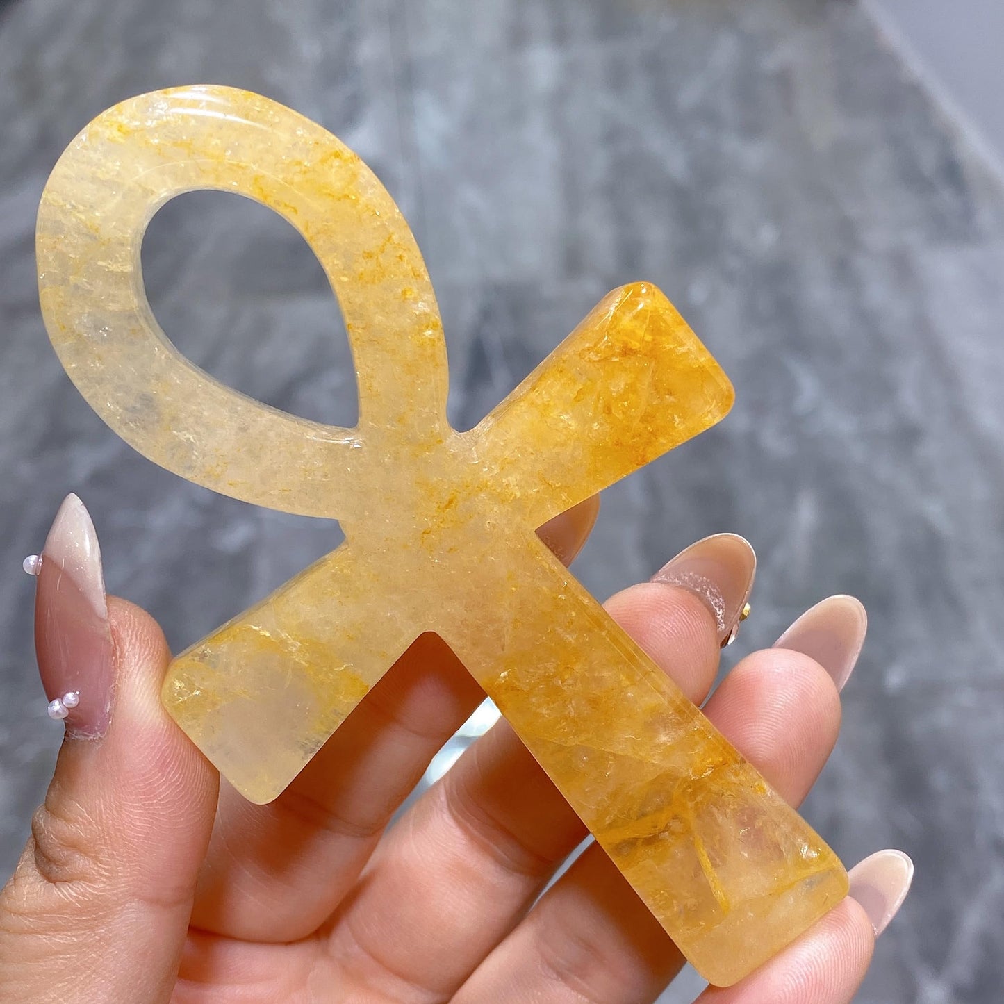 3.6" Natural Quartz,Hand Carved,Mineral Sample,Ankh Totem,Home Decor,Reiki Heal,Energy Crystal Gift (Yellow Hematoid Quartz)