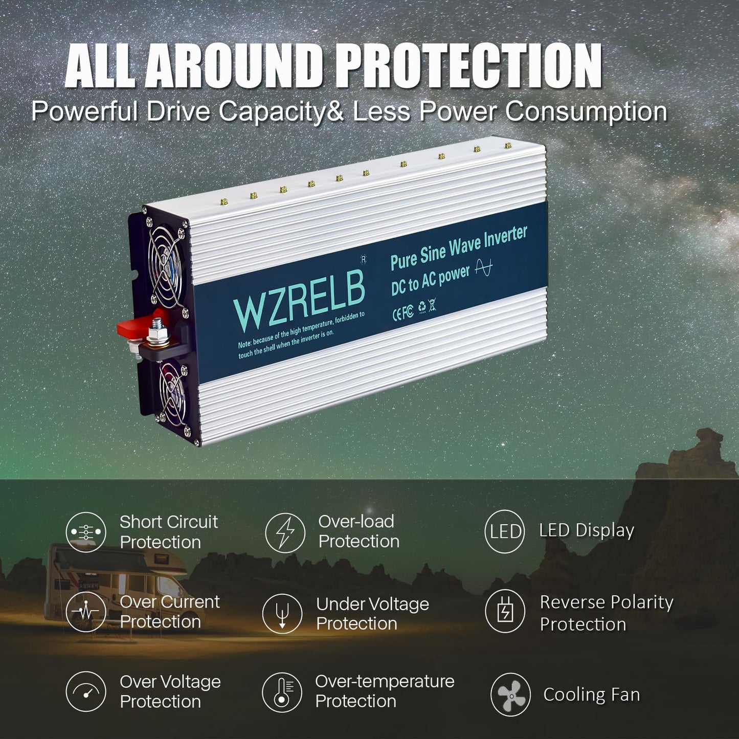 WZRELB 3500W Pure Sine Wave Inverter 24V DC to 110V 120V AC with LED Display,Remote Controller,Off-Grid Power Converter 7000W Surge with Dual AC Outlets, Hardwire Terminal for Home, RV, Truck, Camping