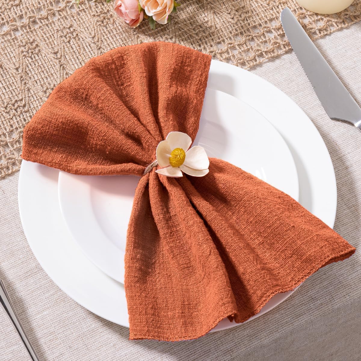 MLMW Fall Thanksgiving Cloth Napkins Set of 6 Terracotta Dinner Cotton Linen Napkins Bulk Washable 16.5"×16.5" for Wedding Party Baby Shower Bridal Shower Birthday