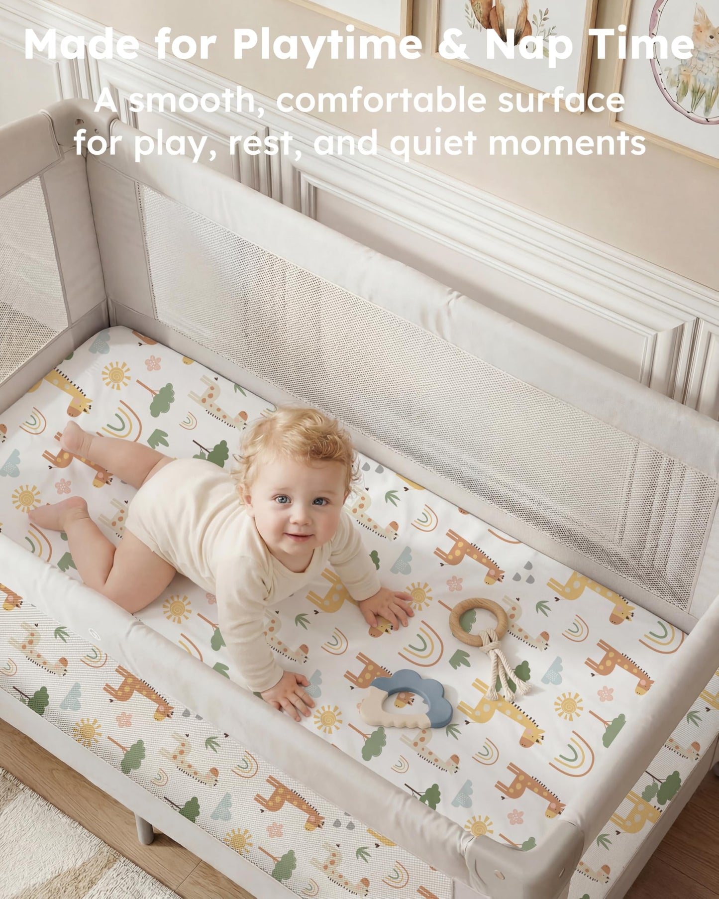Nyessmee Pack and Play Sheets for Boys Girls, 38" x 26" Mini Crib Sheets Fitted for Pack n Play Mattress, Soft Breathable Playard Sheets, 2-Pack Khaki Giraffe