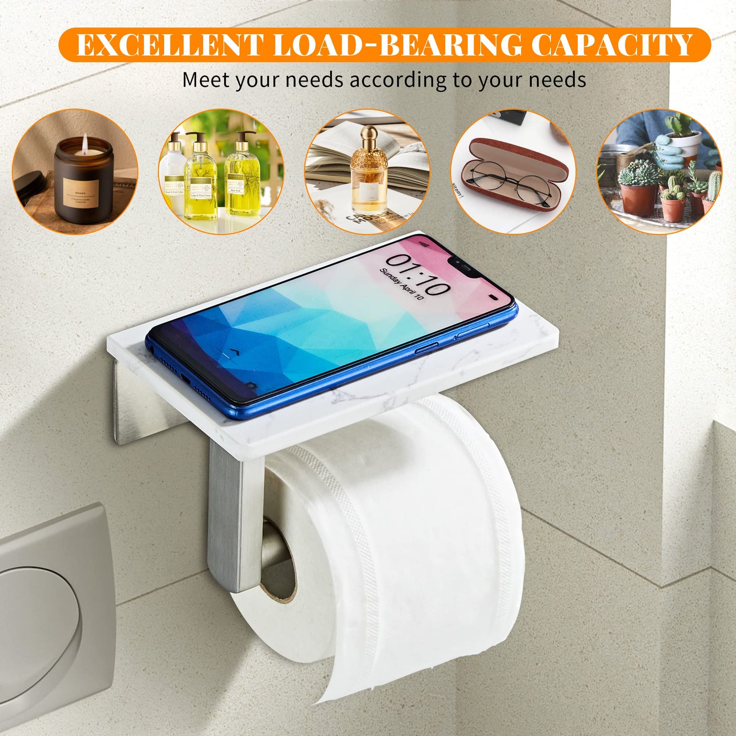 Brushed Nickel Toilet Paper Holder with Shelf, 304 Stainless Steel Screw Wall Mounted, Marble Tissue Roll Holder with Storage
