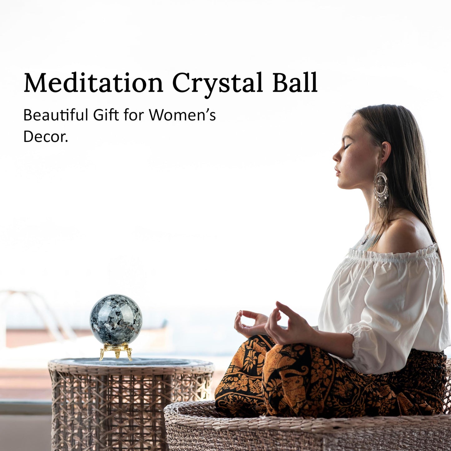 Crocon 50mm Larvikite Stone Sphere Ball with Metal Stand 1400+ Carats Gemstone Ball Healing Sphere Sculpture Figurine for Fengshui Divination Home Decoration Photography Crystal Sphere
