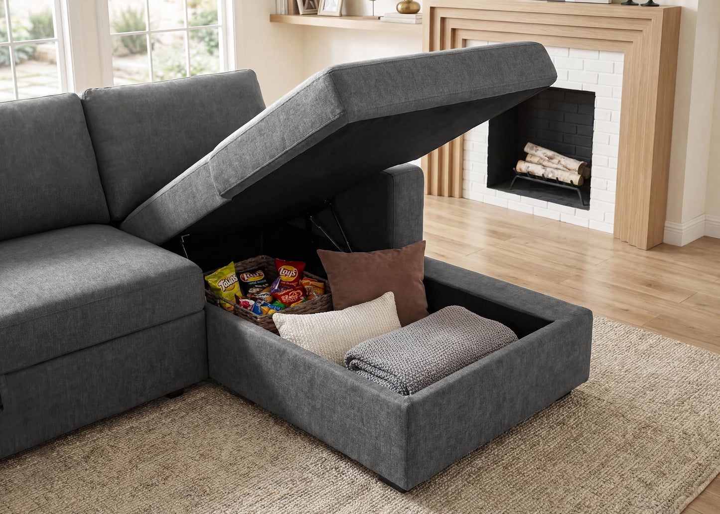 HONBAY Sectional Sleeper Sofa with Pull Out Bed U-Shape Sectional Couch Sleeper Bed with Storage Chaise 6 Seater Sleeper Sectional Sofa, Light Grey