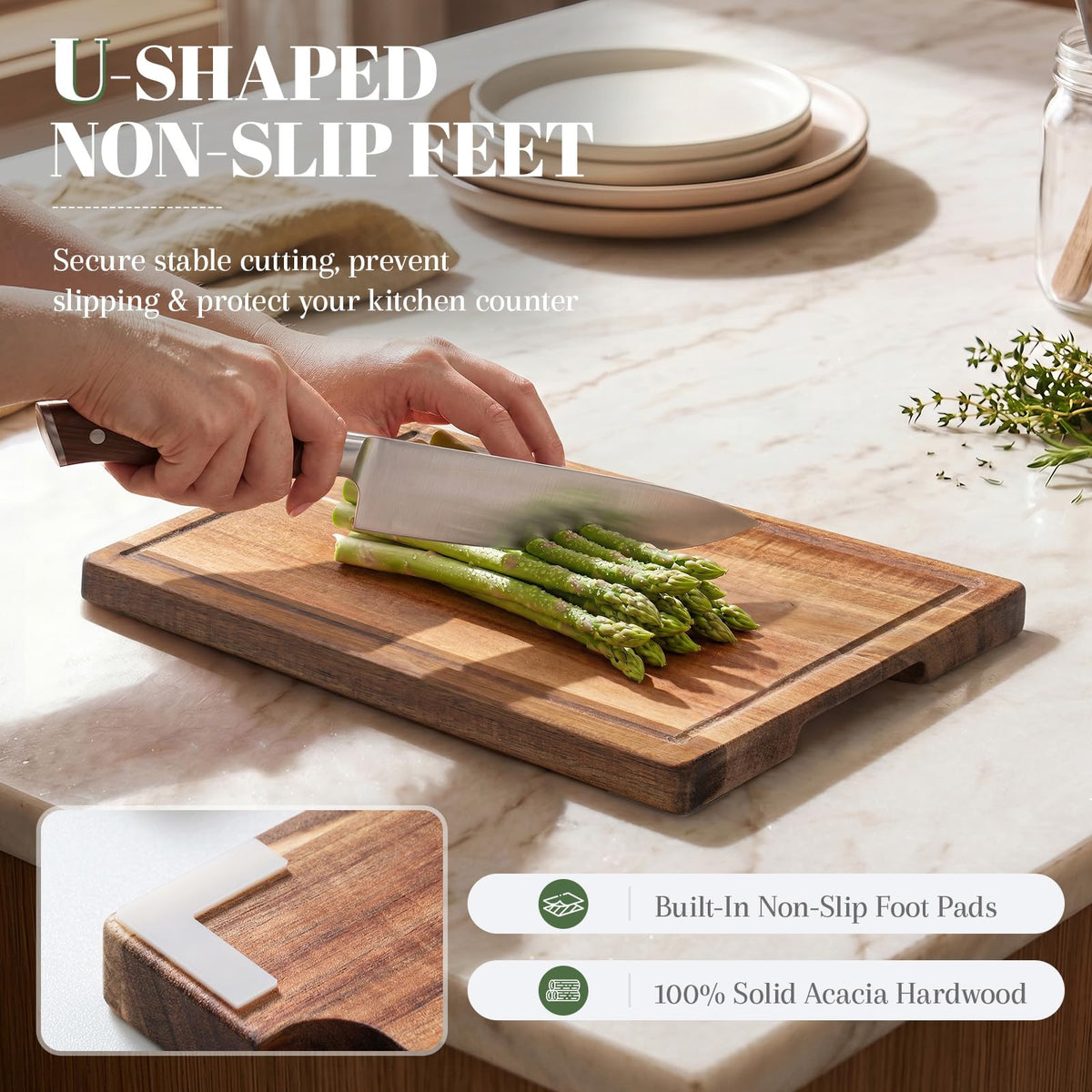 Cutting Boards for Kitchen with Wood Storage Stand Chopping Board Acacia Wood Cutting Board Juice Groove Easy-Grip Handles,Serving Tray for Charcuterie Meat Vegetables(Multi-Size Set | 3 Pack)