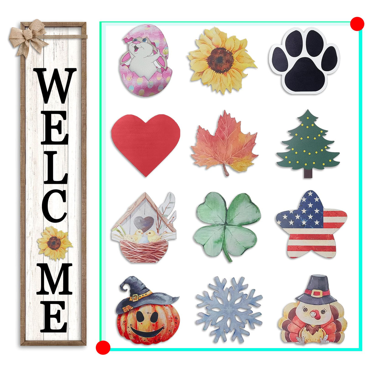 LuZhiQiang Front Porch Welcome Sign for Interchangeable Standing 45"X9" With 12 Pcs Replaceable Icons Wood Frame Signs Outdoor Front Door Decor (Wood White)