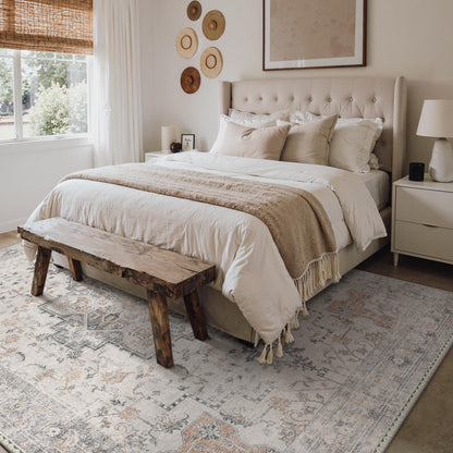 GENIMO 5X7 Area Rugs for Living Room, Machine Washable Non Slip Vintage Rugs, Low Pile Lightweight Chenille Print Rug for Bedroom, Dining Room, Home Office, Light Taupe Brown