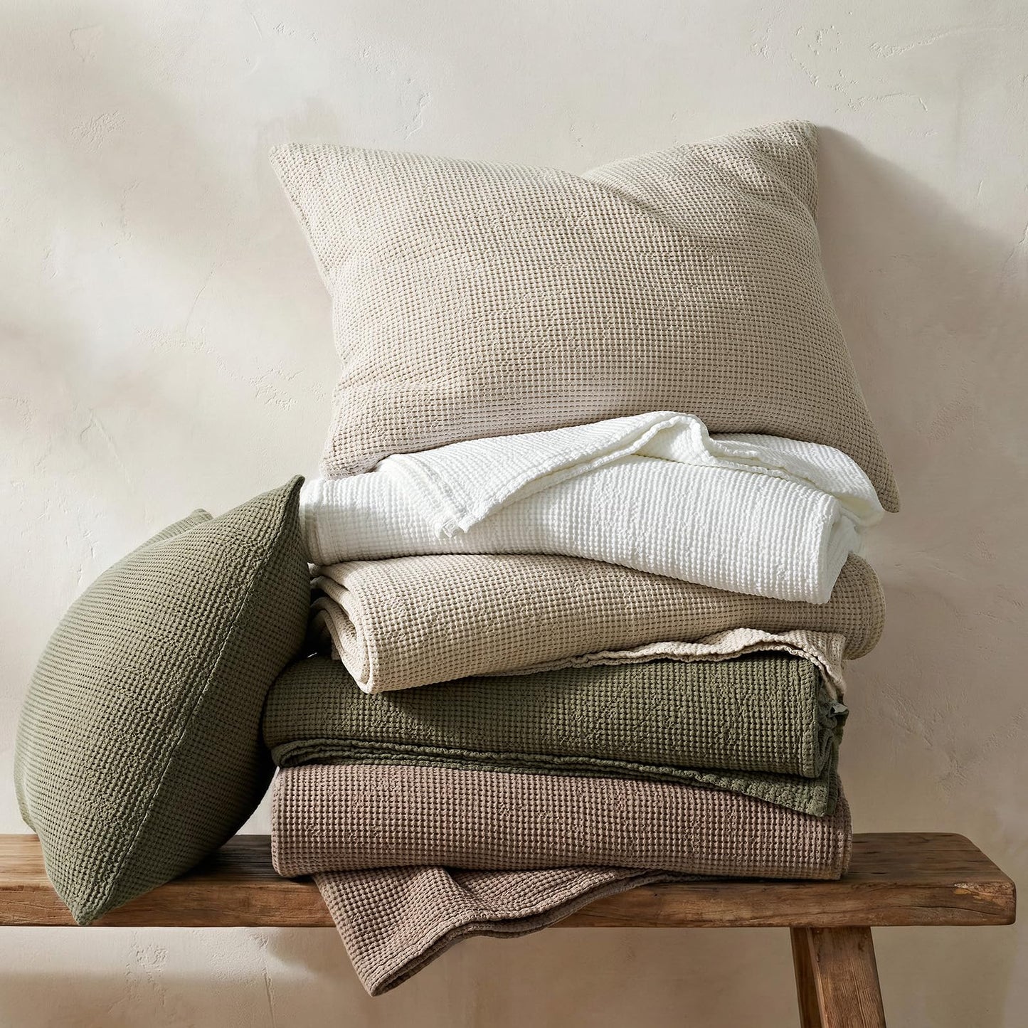EverGrace 100% Cotton Waffle Bed Blanket Queen Size, Soft Premium Cotton Coverlet Set with 2 Matching Shams, Lightweight All Season Bedding Set, Oversized Bedspread 92x96, Olive Green