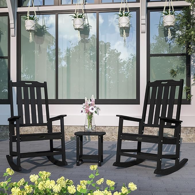 Oversized Rocking Chair Set of 4, Outdoor Rocking Chair for Adults, All Weather Resistant Porch Rocker for Lawn Garden, Black