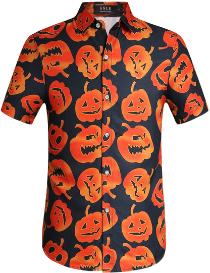 SSLR Mens Halloween Shirt, Short Sleeve Pumpkins Shirts Button Down Light Weight Causal (3X-Large, Black(249))