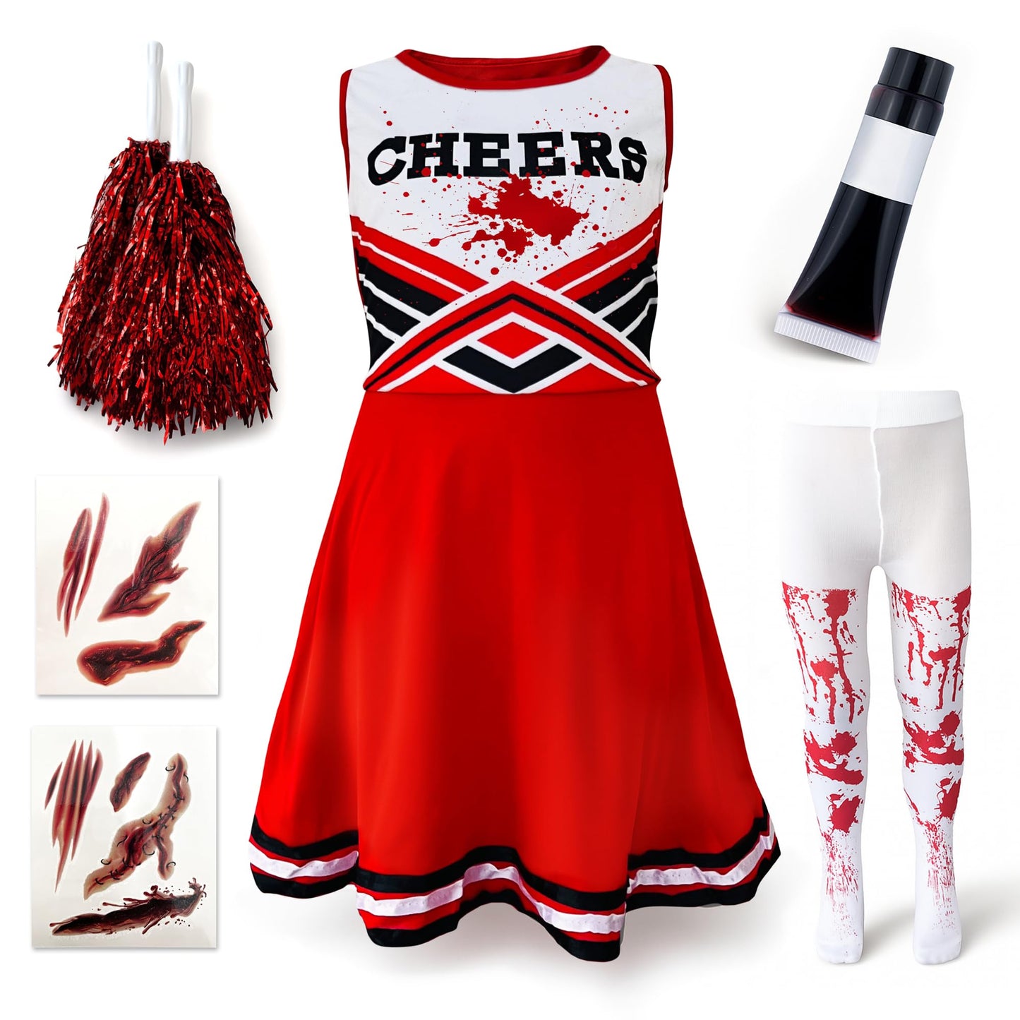 Zombie Cheerleader Halloween Costume for Kids Ages 7-9, Zombie Fancy Dress Outfit for Girls with Pom Poms, Tights, Red High School Cheerleader Costume and Fake Blood, Easy Halloween Kids Dress Up Pack