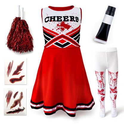 Zombie Cheerleader Halloween Costume for Kids Ages 7-9, Zombie Fancy Dress Outfit for Girls with Pom Poms, Tights, Red High School Cheerleader Costume and Fake Blood, Easy Halloween Kids Dress Up Pack