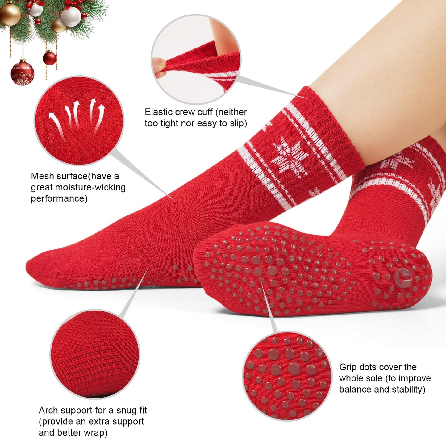 Toes Home Pilates Socks for Women with Non Slip Grips, Christmas Gifts Yoga Crew Socks for Barre Hospital Slipper 4 Pairs Red Green