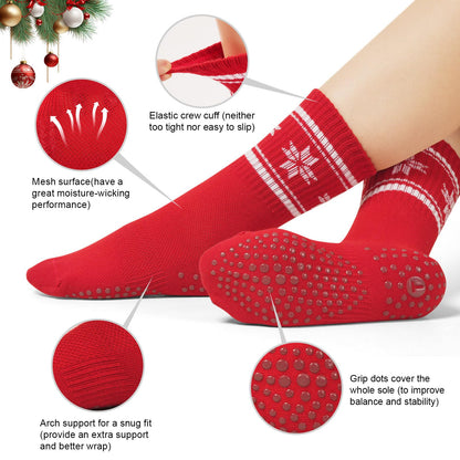 Toes Home Pilates Socks for Women with Non Slip Grips, Christmas Gifts Yoga Crew Socks for Barre Hospital Slipper 4 Pairs Red Green