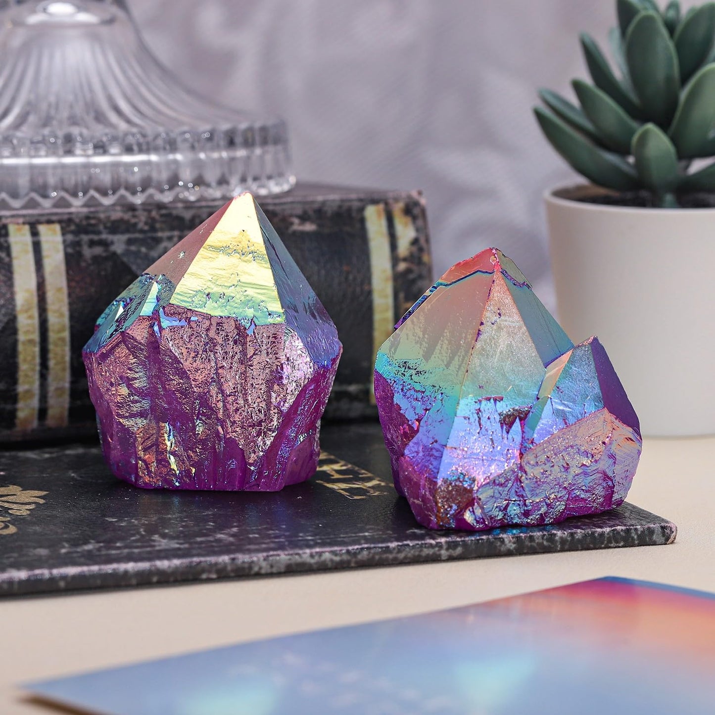 SUNYIK Purple AB Titanium Coated Rock Quartz Cluster Irregular Crystal Geode Stone Specimen Decor for Home Office Meditation, 1.6-3"
