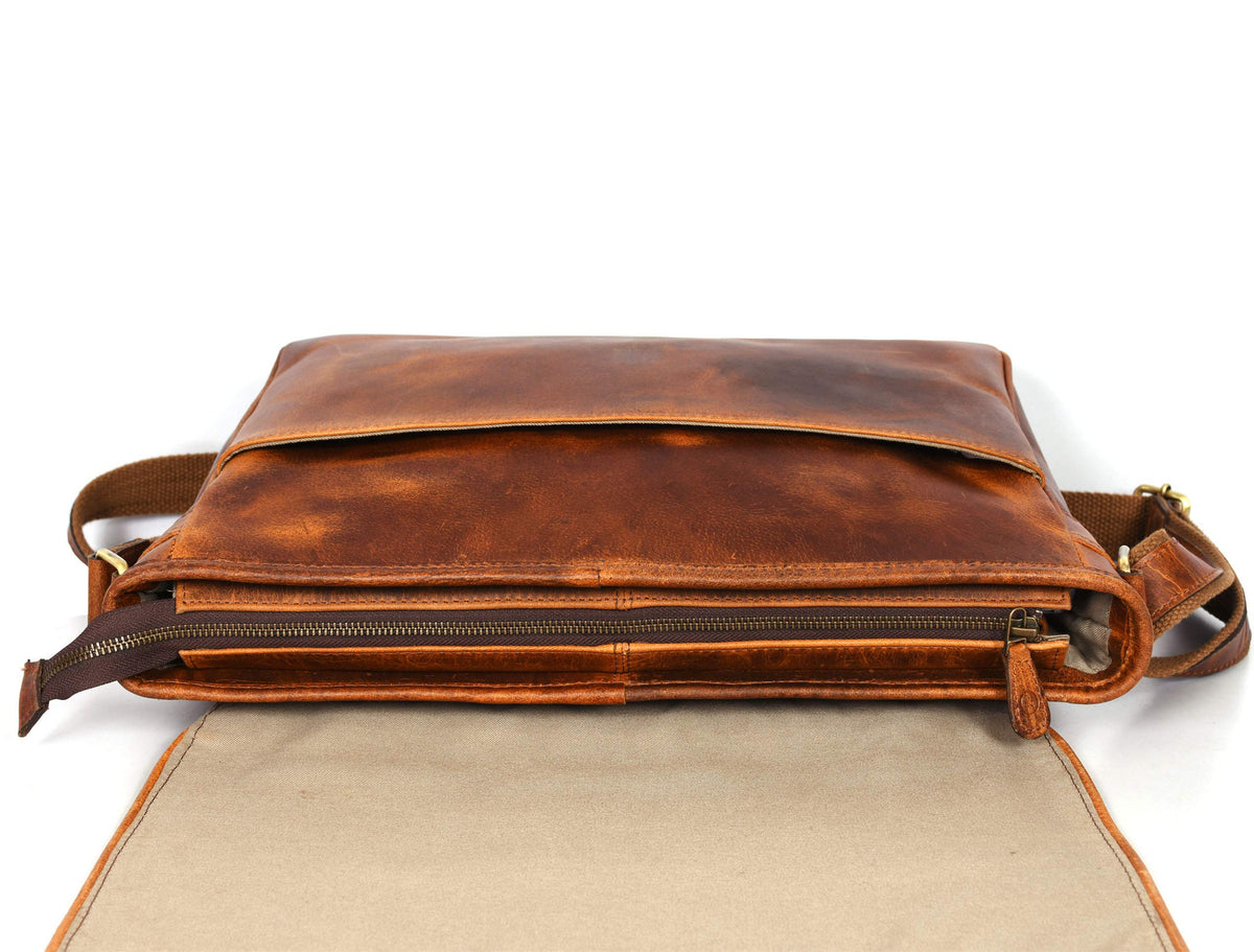 16" Crossbody Bag Leather Laptop Messenger Bag For Men with trolley sleeve for school office (Caramel)