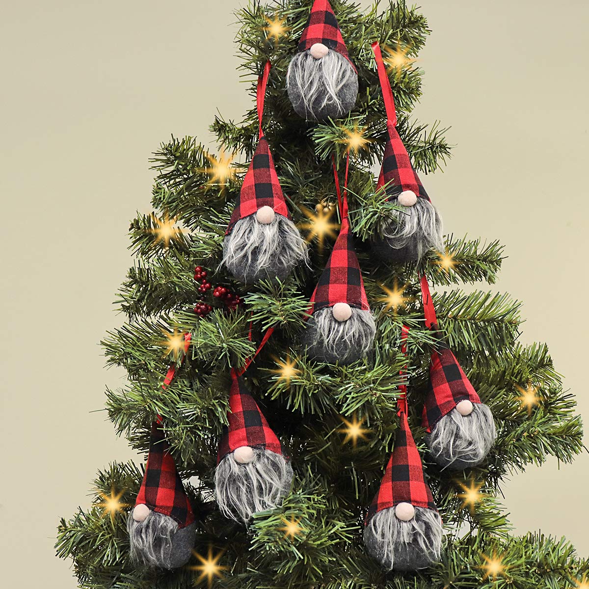 Ivenf 8 Pack 5.5 Inch Handmade Plush Tomte Gnome Hanging Ornaments, Swedish Scandinavian Santa with Buffalo Check Plaid Hat, Christmas Decorations