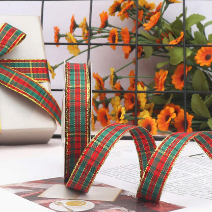 Christmas Gingham Ribbon, Traditional Tartan Ribbon, 100% Polyester Checkered Ribbon, Woven Edge Plaid Ribbon for Christmas Crafts, Gift Wrapping Red/Green/Gold (Special Design 5/8 Inch(16mm))