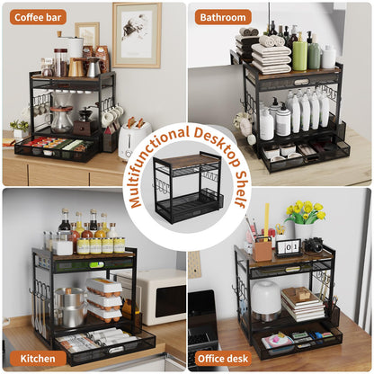 Coffee Bar Organizer Station with CoffeePod Drawer Mug Cup Holder and Tea Condiment Storage for Countertop Organizer CoffeeBar Accessories for Kitchen,Home,Office