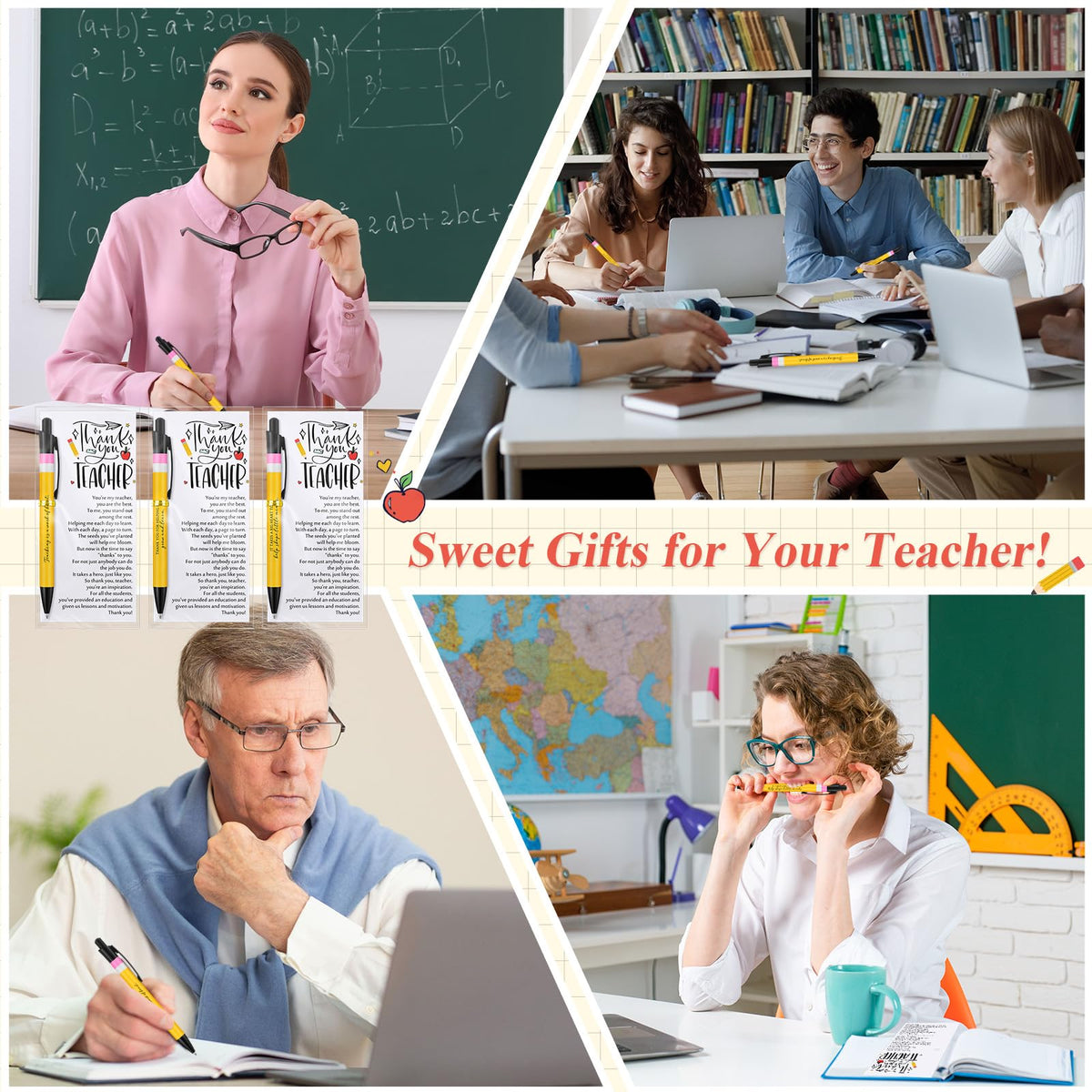 Sayglossy Teacher Appreciation Gifts Bulk Thank You Teacher Ballpoint Pens Cards and Bags Ties Small Inspirational End of School Gifts for Graduation Classroom Supplies(12 Sets)