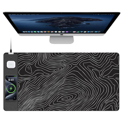 TopMade Mouse Pad with 15W Fast Wireless Charging, 31.5"x15.75" XXL Large Gaming Waterproof Desk Pad with Ultra-Smooth Surface, Non-Slip Base, Computer Desk Mat, Black Topographic Map #1