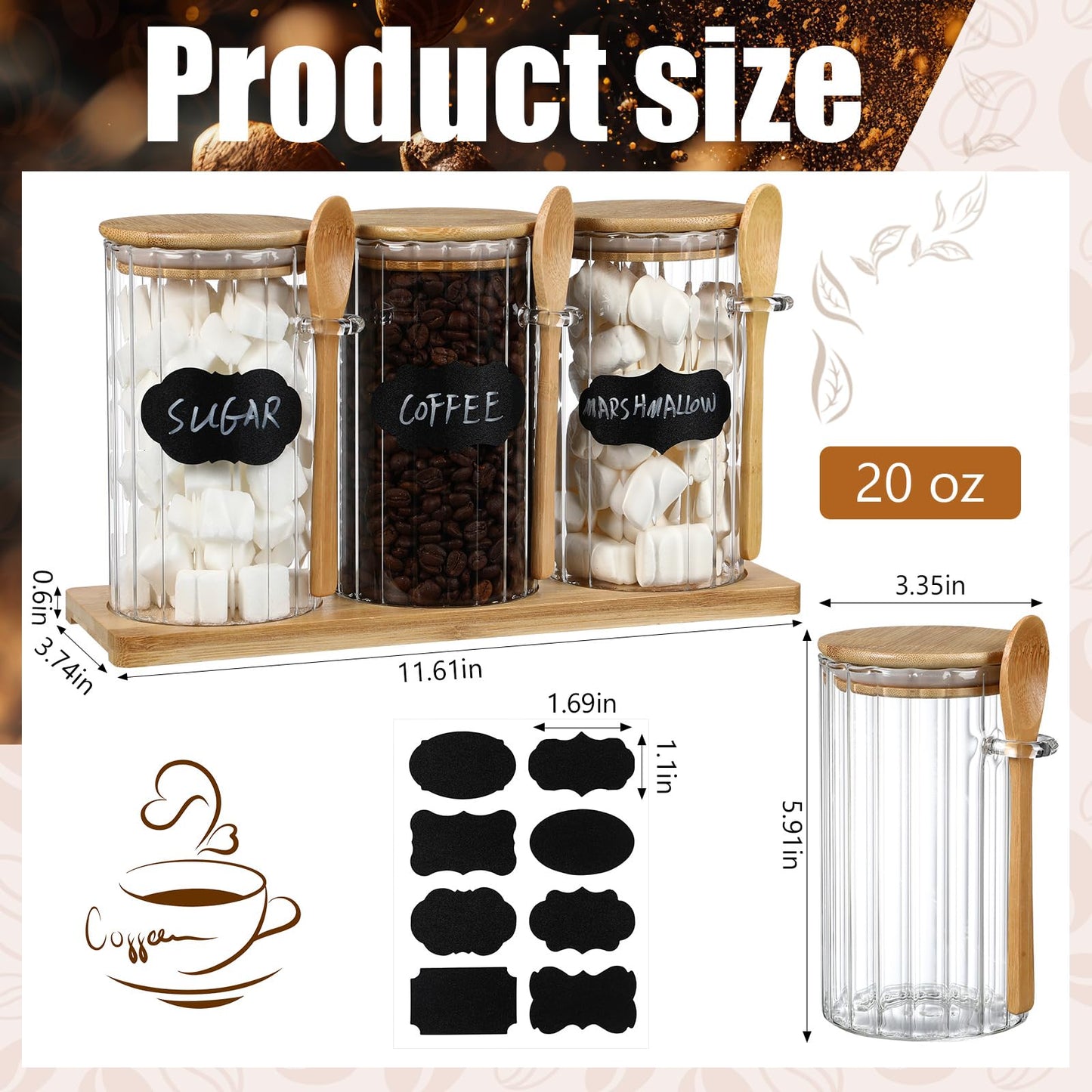Yiyiring Set of 3 Glass Coffee Container with Bamboo Lids Spoons Labels 25 oz Clear Airtight Jar Food Storage Canister Set for Coffee Tea Sugar Decorative Countertop Organization Jars(Light Wood)