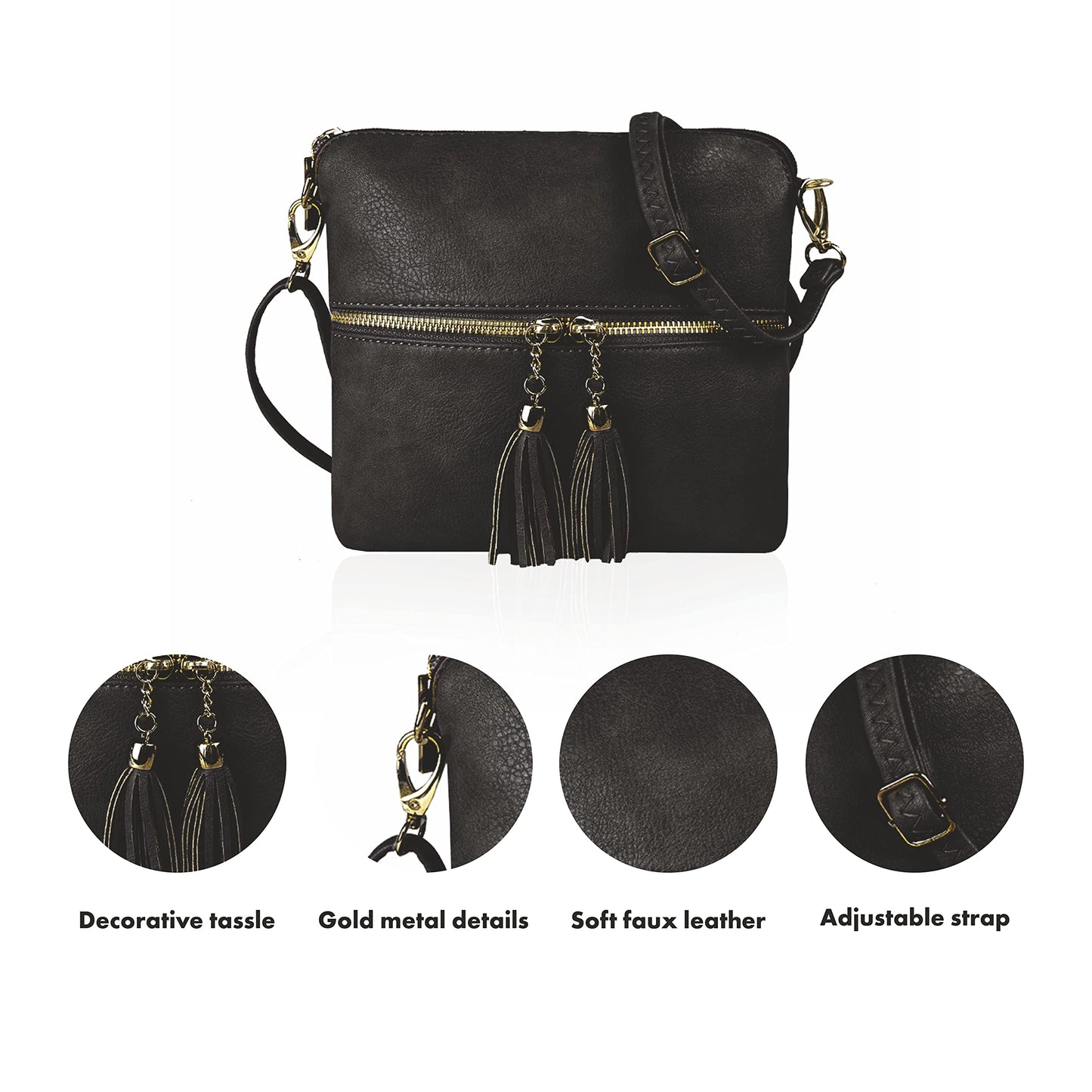 Woodland Leathers Crossbody Bag, Faux Leather Small Shoulder Bag With Adjustable Strap, Women's Messenger Bag (Black)
