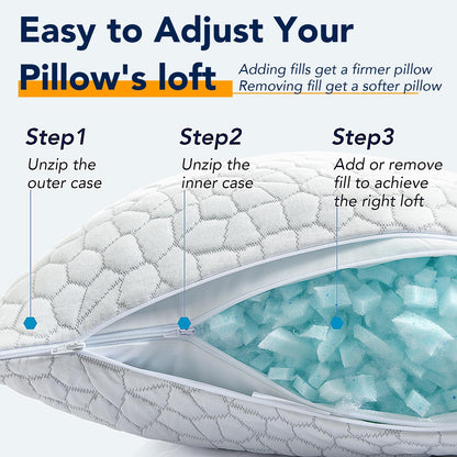QUTOOL Cooling Pillow for Sleeping, CertiPUR-US Shredded Memory Foam Queen Pillows Set of 2, Cool Pillow for Hot Sleepers Adjustable Firm Pillow for Side, Back, Stomach Sleepers Soft Yet Support,White