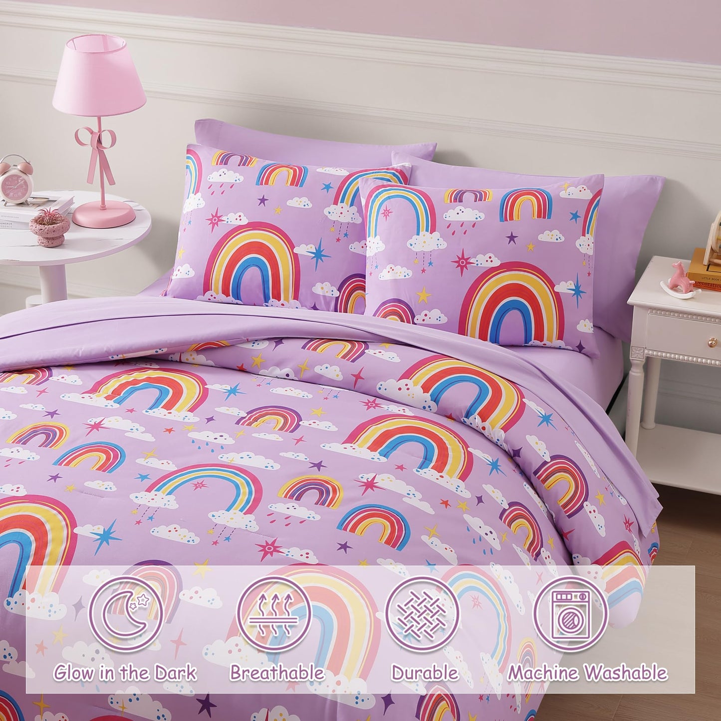 Wink Deer Full Size Comforter Set for Girls-7 Pieces Purple Rainbow Glow in the Dark Full Bedding Sets for Kids, Ultra Soft Bed in A Bag with Sheets