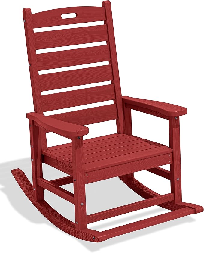 SERWALL Outdoor Rocking Chair, Oversized Rocking Chair with Footrest for Adults, HDPE All Weather Resistant Rocking Chairs for Patio, 350lbs Weight Capacity, Red