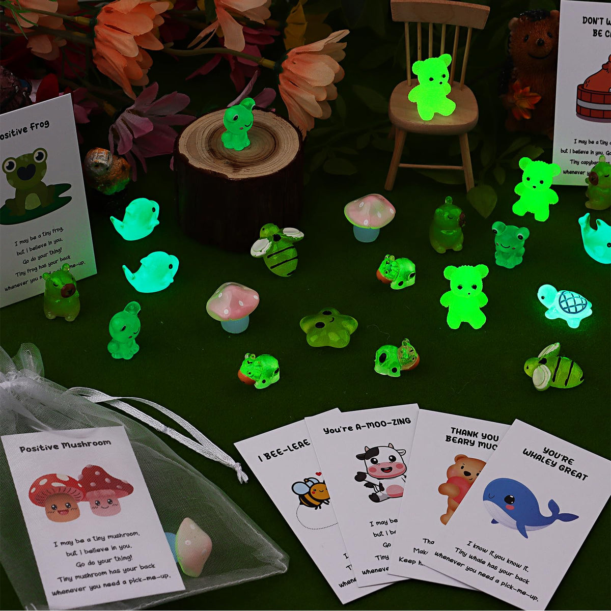 50 Set Employee Appreciation Gifts Bulk for Coworkers Mini Luminous Resin Animals Thank You Staff Gift Inspirational Affirmation Greeting Cards Motivational Gifts for Employees Teacher Nurse Team