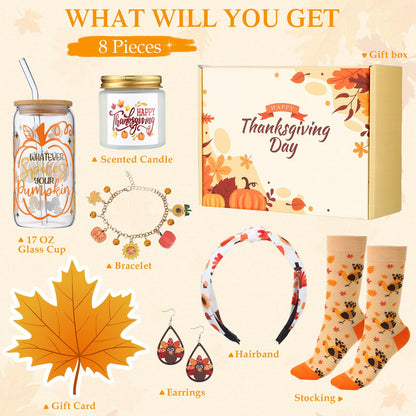 Daifunli 8 Pcs Thanksgiving Day Gifts Set for Women Happy Maple Leaf Gift Basket Includes 17oz Coffee Glass with Lid Straw Scented Candle Bracelet Hairband Socks Earrings Card Box
