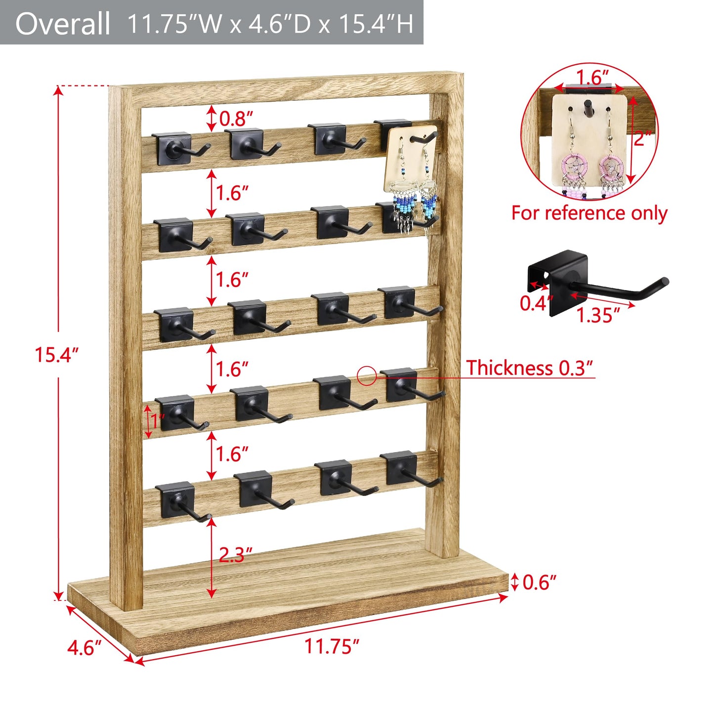 Ikee Design Free Assemble 2 Pcs Set Wooden Jewelry Display Rack with 20 Removable Metal Hooks/Each, Earring Display Holder Stand for Earring,Necklaces,Bracelet, Keychain Stand, Oak Color
