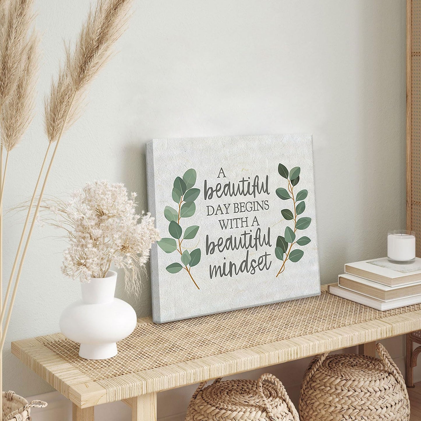 Framed Inspirational Wall Art Minimalist Eucalyptus Wall Decor Motivational Positive Quotes Canvas Posters Prints Green Botanical Pictures for Office Living Room Bedroom Decoration (12"x12")