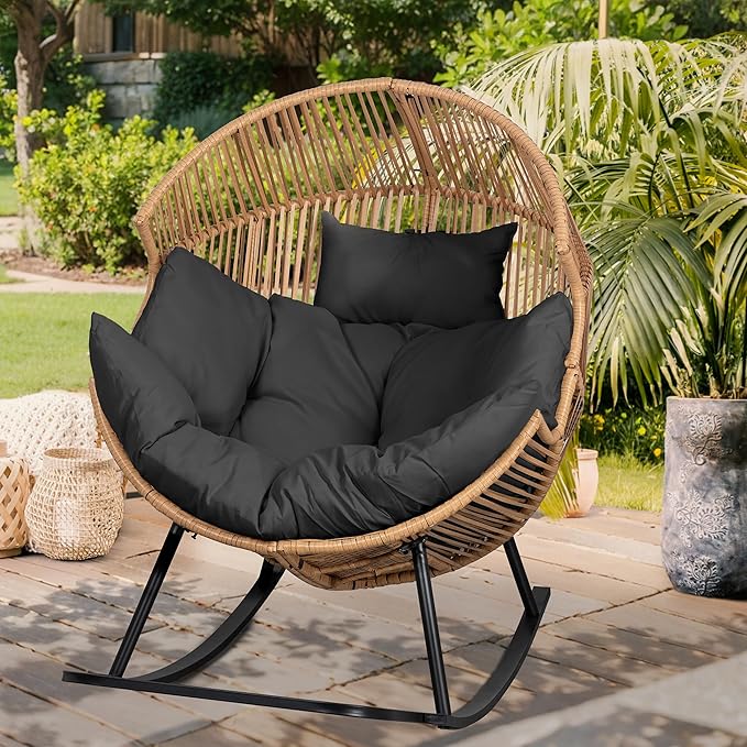 Vongrasig Wicker Rocking Egg Chair PE Rattan with Cushion, Oversized Patio Lounge Rocker Chair for Outdoor, Indoor, Balcony, Backyard, Garden, Black