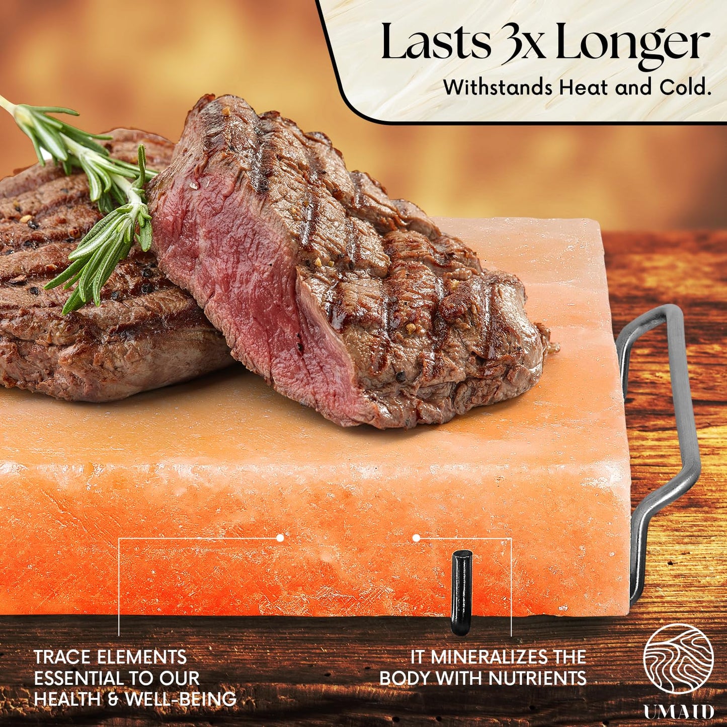 UMAID Himalayan Salt Block Cooking Plate 12x8x1.5 – Food Grade Pink Himalayan Salt Stone for Cooking, Grilling, Serving & Food Presentation – Includes Stainless Steel Tray & Recipe Booklet – Unique Gifts for Men & Dad Gifts for Fathers Day