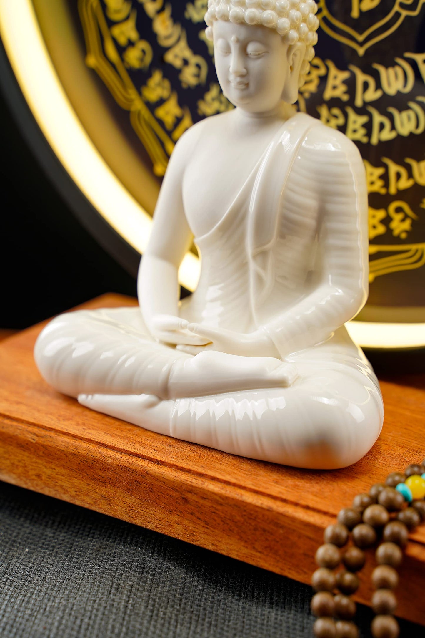 QINLANG 6 inch White Buddha Statue and 13.2 inch LED Circle Table Lamp, Indoor Buddha Statues for Home Décor