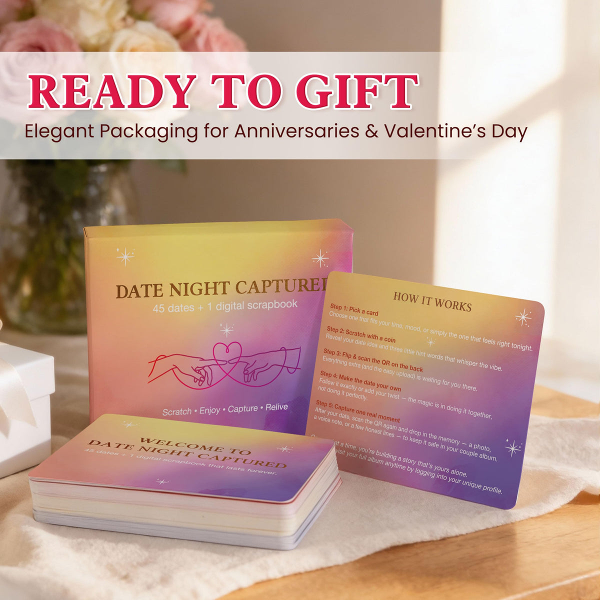 ARVEXO 45 Fun and Romantic Scratch Off Date Night Ideas for Him Her - Date Night Captured 45 Scratch Off Cards For Couples With Digital Scrapbook - Anniversary Wedding Gifts For Men Women Husband Wife