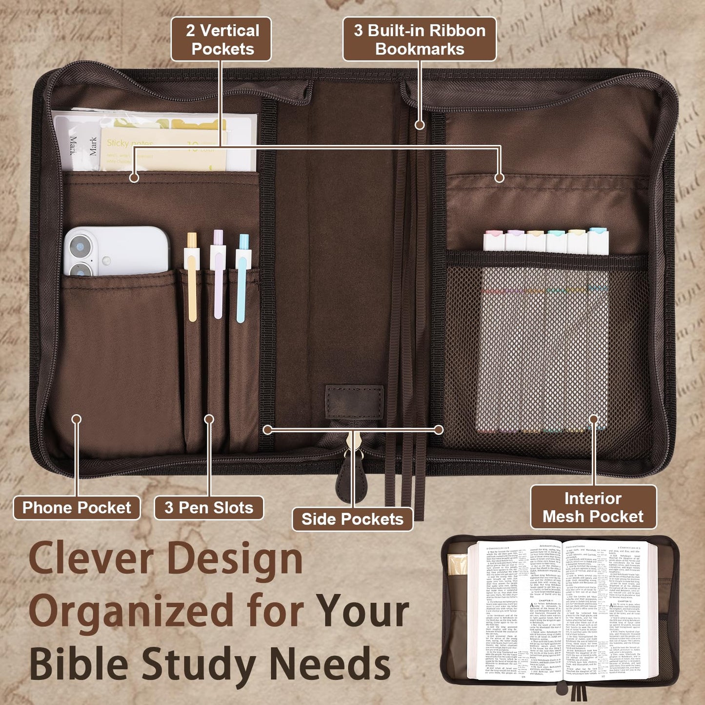 Classic Leather Bible Cover Case with Cross Design and Handle for Men Women, Durable Bible Study Supplies Organizer Carrying Bag, Perfect Christmas Gifts for Christians with Gift Box（Dark Brown