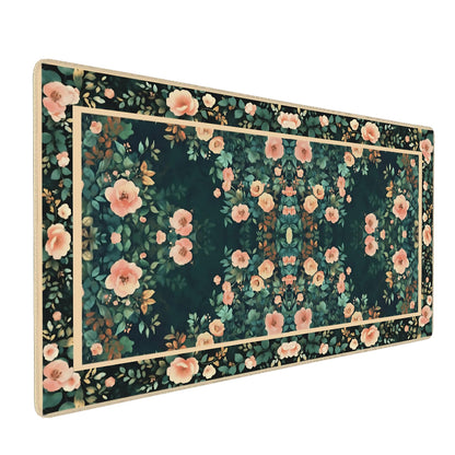 Floral Aesthetic Rose Gaming Mouse Pad, Forest Green Rug Desk Mat with Anti-Slip Base & Stitched Edges,35.4" x 15.7" in Table Mat for Computer Desktop, Beautiful Workstation Decor