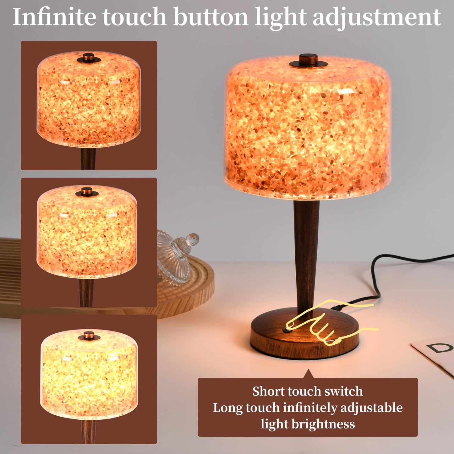 Himalayan Pink Rock Salt Lamp, Touch Control Dimmable Salt Night Light, USB Powered Crystal Salt Lamp, Boho Ambient Table Lamp for Bedroom Nightstand Living Room Home Decor, USB Adapter Excluded