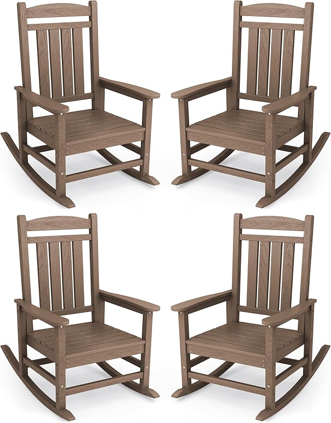 KINGYES HDPE Outdoor Rocking Chair Set of 4, Widened Seat Patio Rocking Chair, Oversized All Weather Patio Rocker, Brown