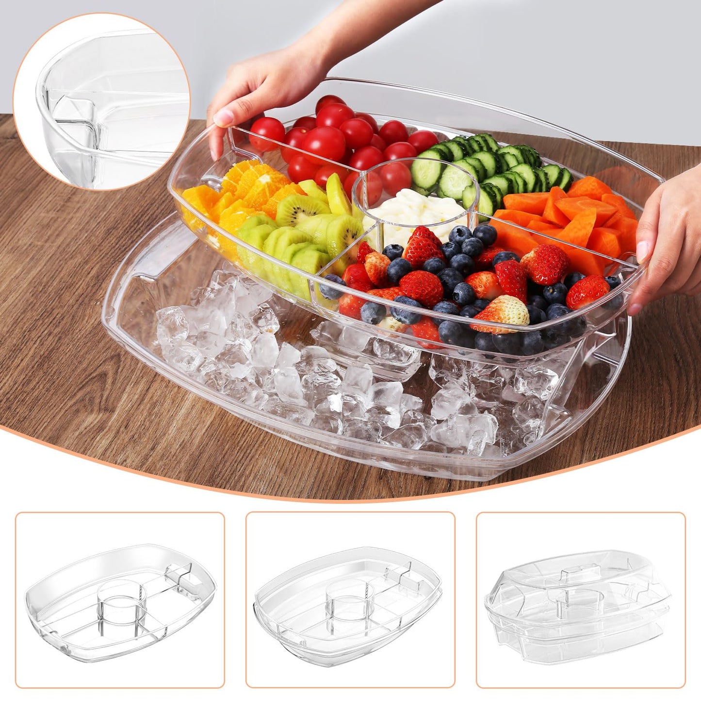 IVYHOME Fruit Ice Serving Tray, Chilled Veggie Tray, Shrimp Cocktail Serving Dish, Appetizer Serving Platter for Parties, with Lid and 4 Compartments