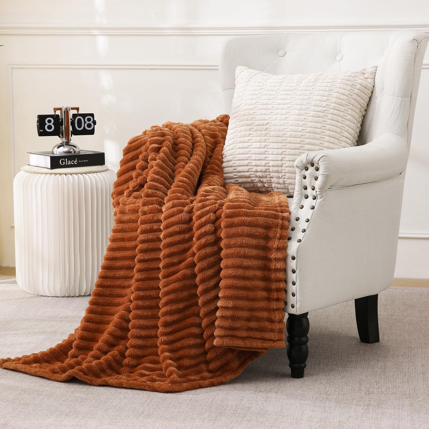Linecooo Burnt Orange Fleece Throw Blanket 50”×60” for Couch Sofa Bed,Super Soft Cozy Plush Microfiber Flannel Blanket with Stripes Design Lightweight for Adults,Woman,Girls