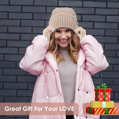 Women Beanie Hat Gloves Set Fleece Lined Winter Warm Hat Knit Touchscreen Gloves for Cold Weather