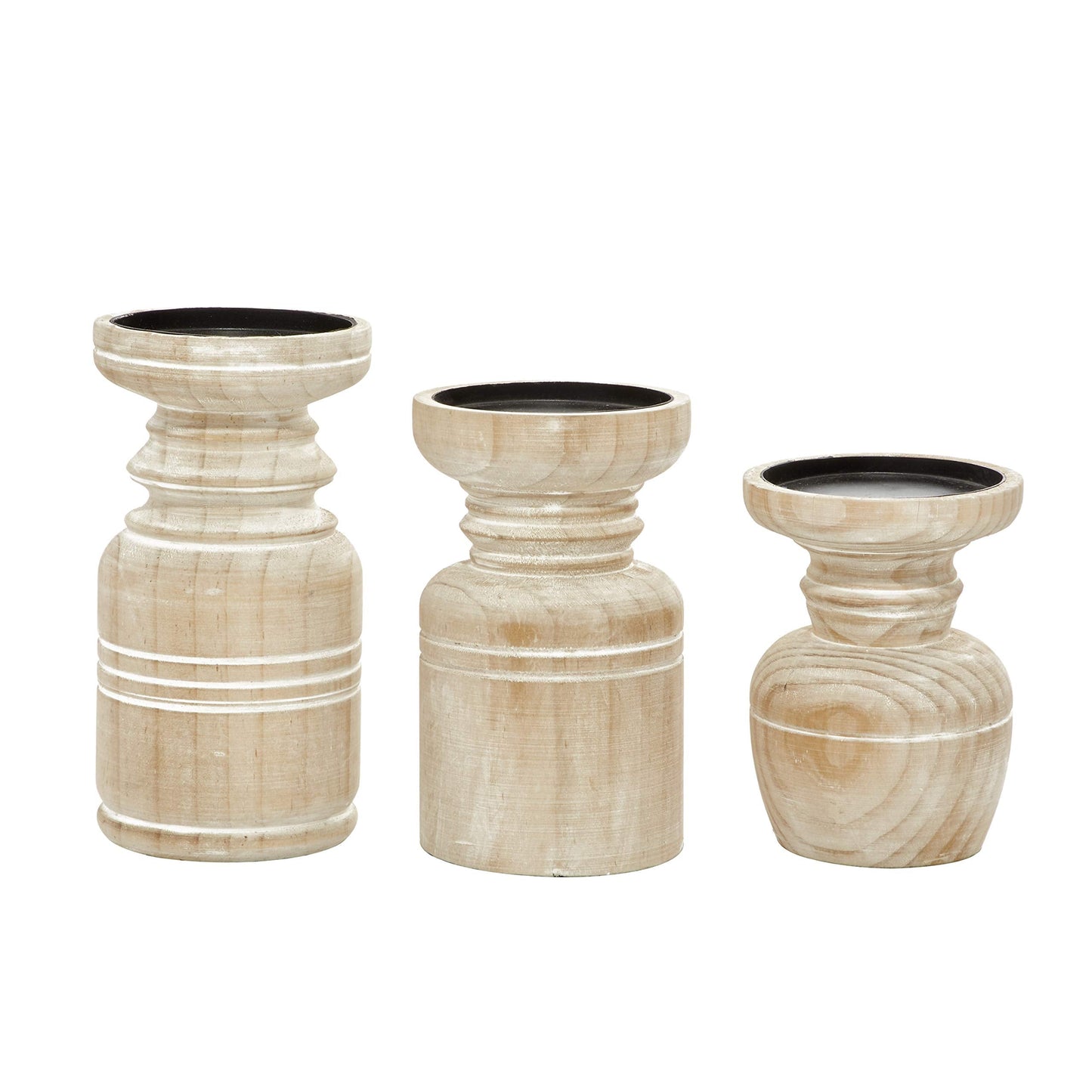 Deco 79 Wood Pillar Candle Holder with White Wash Finish, Set of 3 9", 8", 6"H, Brown