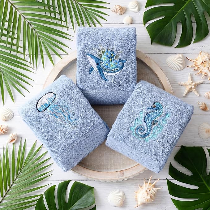 3 Pack Ocean Hand Towels for Bathroom 100% Cotton Embroidered Seahorse