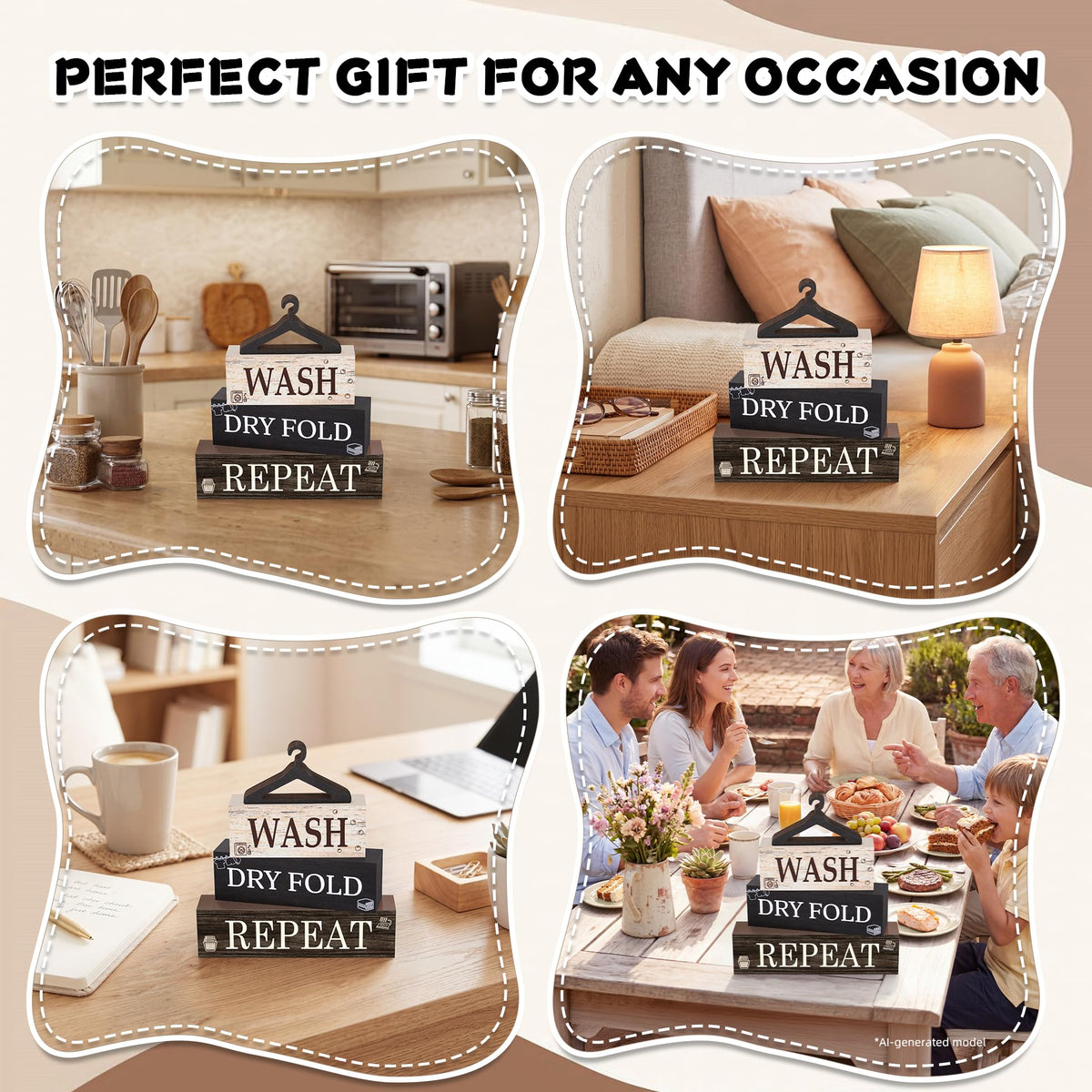 4 Pcs Laundry Wooden Table Decor, Laundry Farmhouse Table Decorations for Home Office